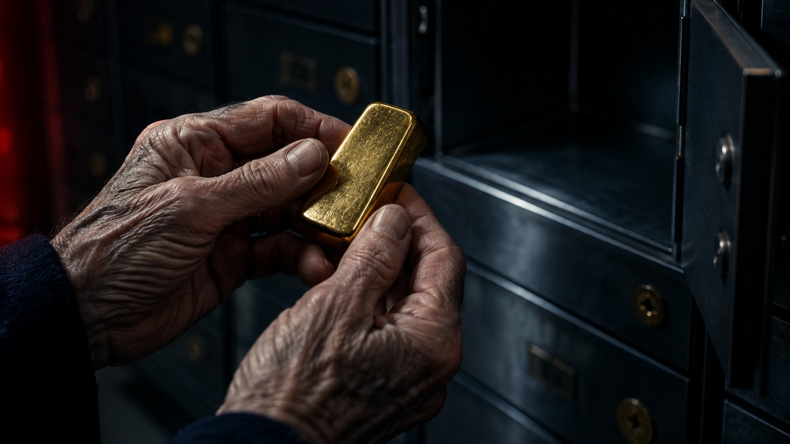An elderly person's hands holding a single gold bar in a dim room, red warning light
