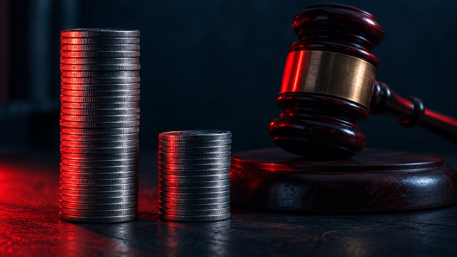 Silver coins stacked beside a court gavel under dramatic red light