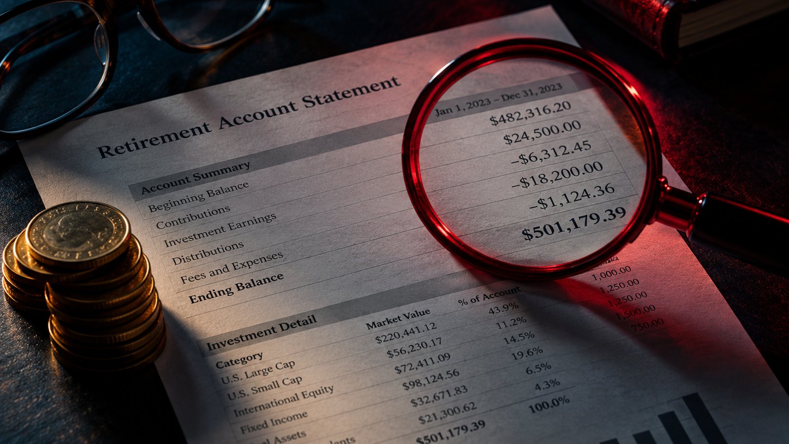 Gold coins on a retirement account statement under a red magnifying glass